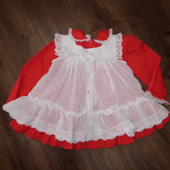 Vintage Girls Bryan Red White 2pc Pinafore Ruffled Holiday Dress Lace Trim sz 4T - Picture 5 of 7
